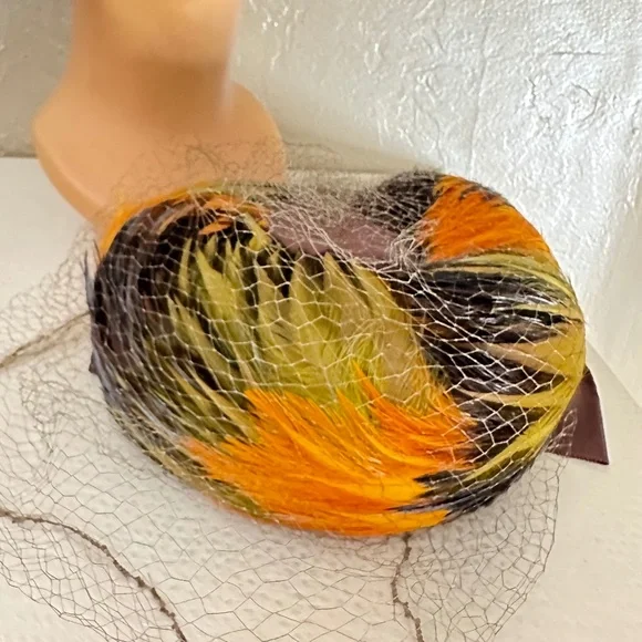 DEBONAIR 1930s' TILT HAT COVERED BY MULTICOLORED FEATHERS + BACK STRAP + VEIL